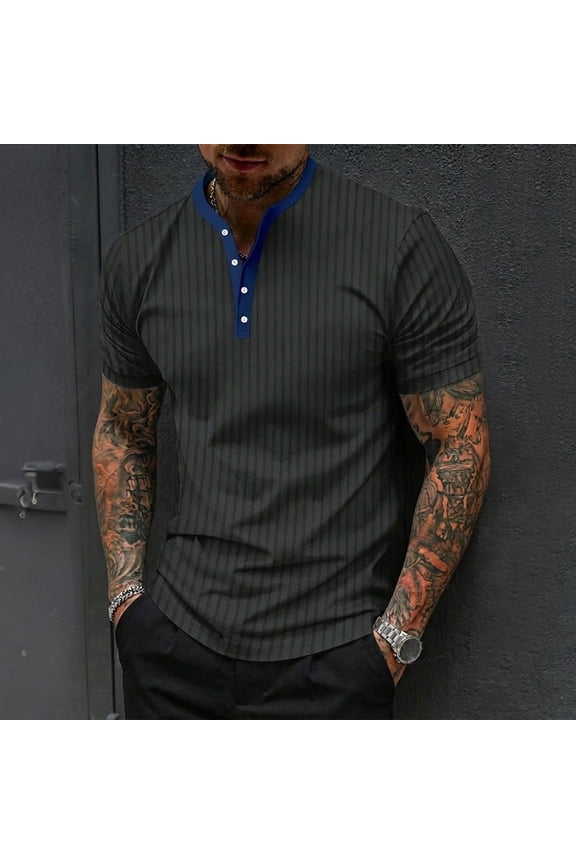 Mens Shirts Casual Stylish Vertical Striped Texture V-Neck Short Sleeve Henley Shirts Soft T Shirts Contrast Placket Design Muscle Fit Daily