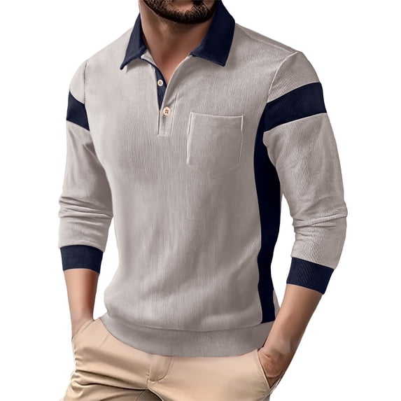 Gamivast Mens Shirts Corduroy Long Sleeve Lapel Collar Sweatshirts Color Block Trendy Casual Pullover with Chest Pocket Work & Outdoor Vacation Outfits