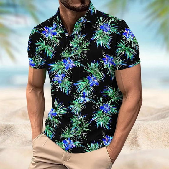 Gamivast Mens Short Sleeve Shirts Coconut Tree Flower Print Aloha Shirts Soft Stretchy Golf Shirts Turn Down Collar Beach Party Holiday Travel