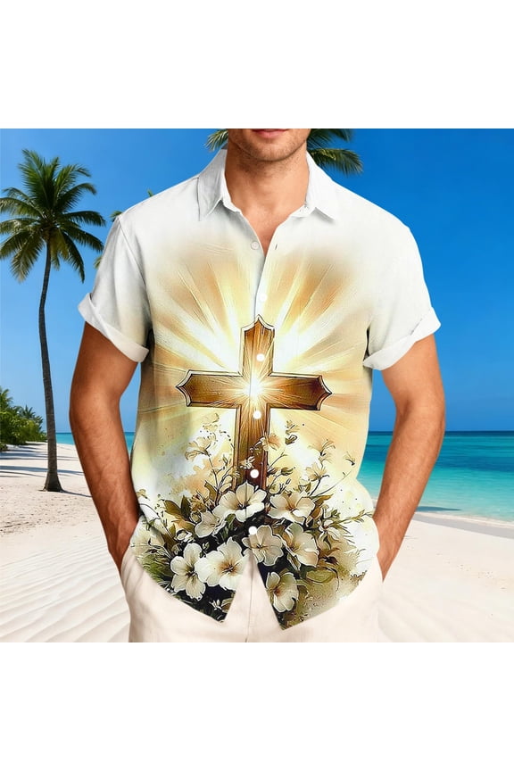Mens Short Sleeve Shirts Cross Open Bible Graphic Tropical Shirts for Men Button Down Casual Shirts Breathable Soft Christian Holiday Church