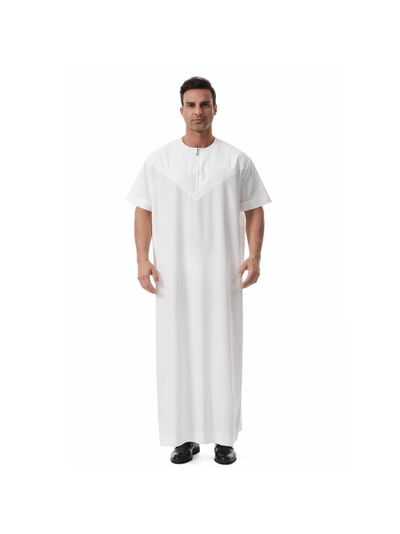 Mens Short Sleeve Shirts Embroidery Zip Neck Kaftan Robe Dress Shirts Muslim Fashion Thobe Jubba Casual Shirts Loose Fit Summer Prayer Wear