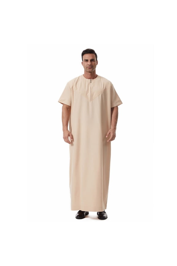 Mens Short Sleeve Shirts Embroidery Zip Neck Kaftan Robe Dress Shirts Muslim Fashion Thobe Jubba Casual Shirts Loose Fit Summer Prayer Wear