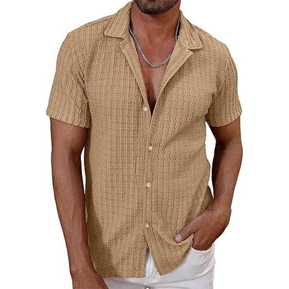 Gamivast Mens Short Sleeve Shirts Textured Waffle-Knit Beach Shirts Lapel Collar Button Casual Shirts Breathable Solid Color Summer Holiday Vacation