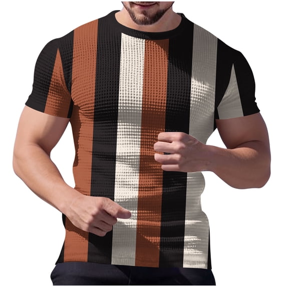 Gamivast Mens Short Sleeve Shirts Vertical Striped T Shirts Crew Neck Muscle Fit Casual Shirts Breathable Moisture Wicking Soft Daily Party Night Out