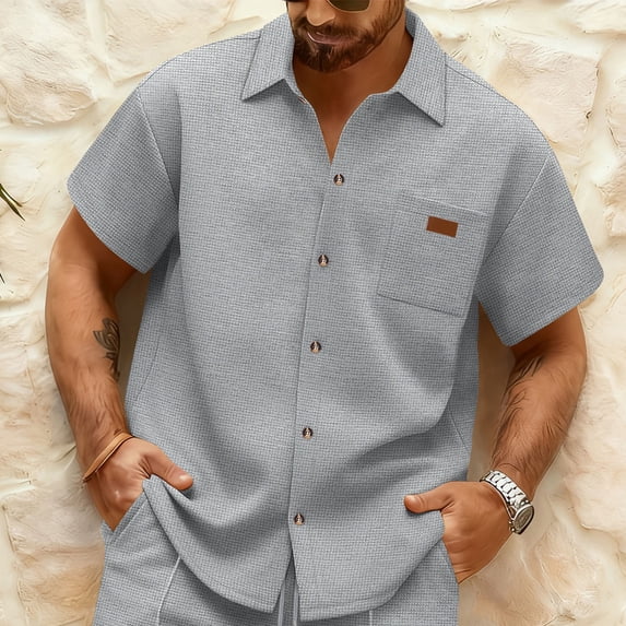 Gamivast Mens Short Sleeve Shirts Waffle-Knit Texture Camp Collar Soft Summer Short Sleeve Button Down Shirts Casual Beach Shirts Button Pocket Vacation Outfit