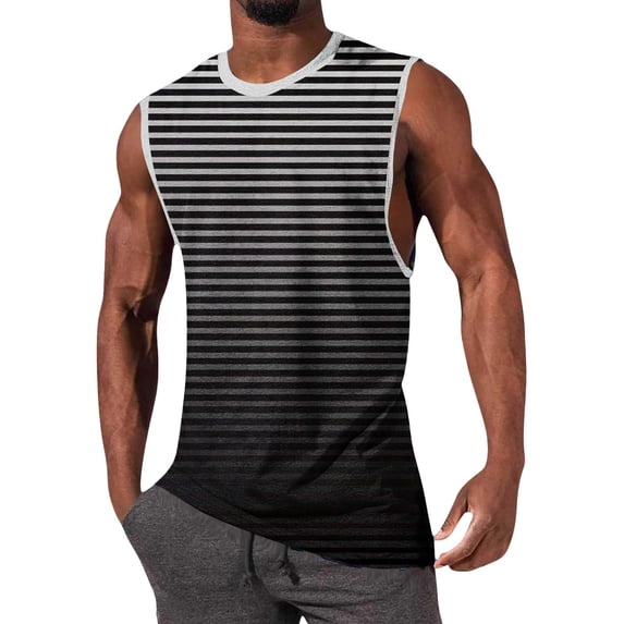 Gamivast Mens Sleeveless Shirts Horizontal Striped Pattern Soft Undershirts Round Neck Stretchy Gym Shirts Lightweight Summer Beach Sports