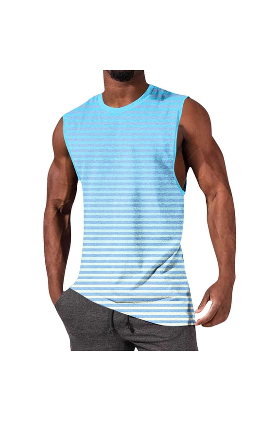 Mens Sleeveless Shirts Horizontal Striped Pattern Soft Undershirts Round Neck Stretchy Gym Shirts Lightweight Summer Beach Sports