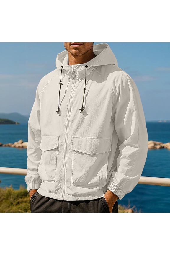 Mens Sun Hoodie Zip up Multi Pockets Fishing Hoodies Cargo Work Jacket Loose Fit Drawstring Outdoor Hiking Camping Utility Coat