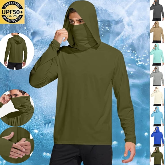 Gamivast Mens Sun Protection Shirts Hooded Neck Slim Fit Activewear UPF 50+ Cooling with Face Mask Long Sleeve Tees Fishing Hiking Running outdoor Sports Wear