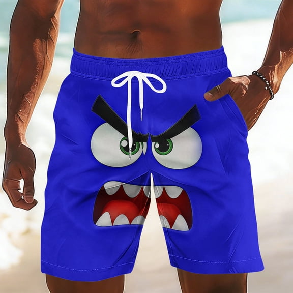 Mens Trunks Swim Elastic Waist Drawstring Angry Face Print Board Shorts Quick Dry Swim Shorts Breathable Beach Vacation Summer Outfits Wear