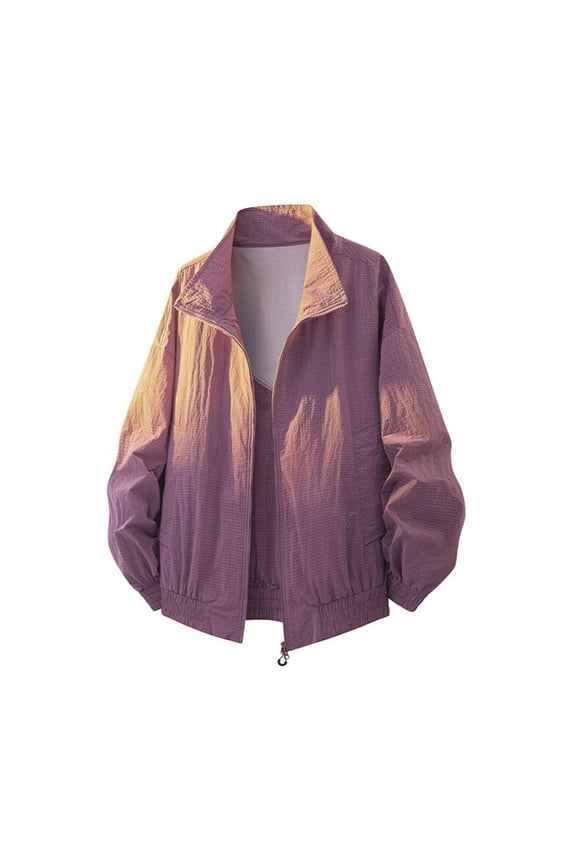 Mens UV Protection Shirts Stand Collar Windbreaker Jackets Textured Light Jackets Full Zip Outdoor Casual Travel Hiking Daily Wear