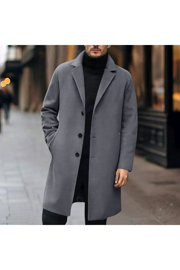 Mens Winter Trench Coat Notched Lapel Collar Single Breasted Plaid Fall Fashion Long Sleeve Mid Long Peacoat Overcoats with Pockets Warm Soft Overcoat