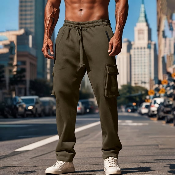 Gamivast Mens Workout Pants Cargo Sweatpants Drawstring Casual Hiking Pants with 4 Pockets Straight Leg Loose Outdoor Elastic Waist Joggers Open Bottom Sweatpants