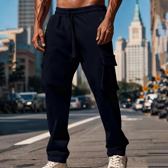 Gamivast Mens Workout Pants Cargo Sweatpants Drawstring Casual Hiking Pants with 4 Pockets Straight Leg Loose Outdoor Elastic Waist Joggers Open Bottom Sweatpants