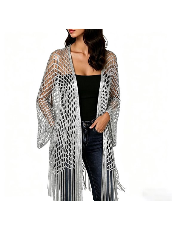 Metallic Mesh Cardigan for Women Open Front Sheer Cover Up with Fringe Tassels Long Sleeve Lightweight Boho Duster for Beach Vacation Party Concert Outfits Silver Free Size
