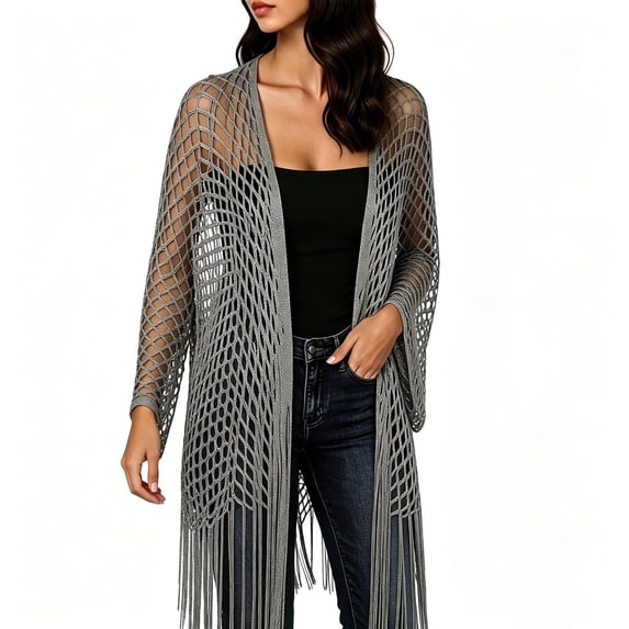 Gamivast Metallic Mesh Cardigan for Women Open Front Sheer Cover Up with Fringe Tassels Long Sleeve Lightweight Boho Duster for Beach Vacation Party Concert Outfits Dark Gray Free Size