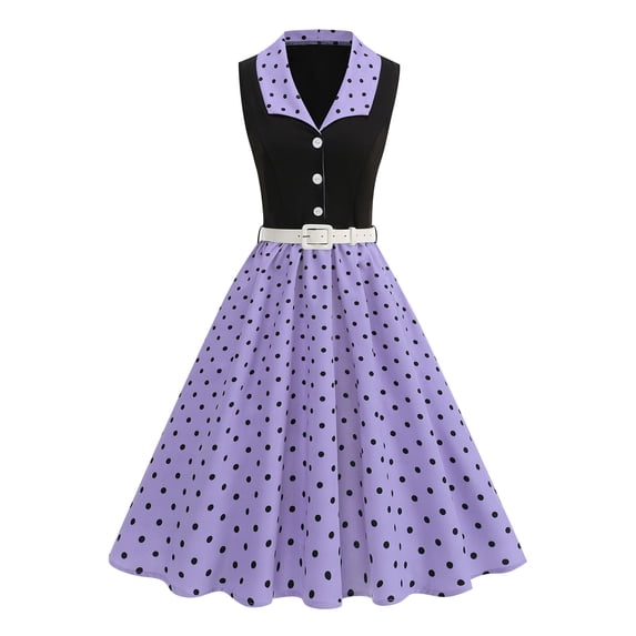 Gamivast Midi Dresses for Women 1950S Retro Polka Dot Vintage Dress Sleeveless Cocktail Prom Swing Lapel Collar Dresses with Blet Wedding Guest Wear
