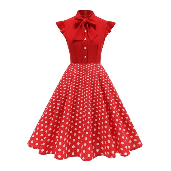 Gamivast Midi Dresses for Women Dot Graphic Vintage Bow Party Dress Retro Cocktail Party Swing Dresses with Cap Sleevess Fitted & Flare Midi Dress