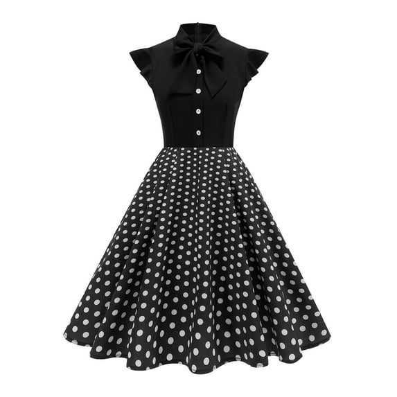 Gamivast Midi Dresses for Women Dot Graphic Vintage Bow Party Dress Retro Cocktail Party Swing Dresses with Cap Sleevess Fitted & Flare Midi Dress