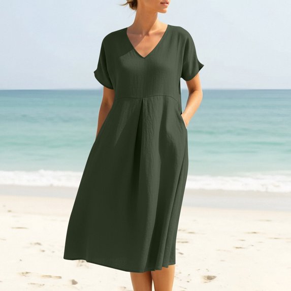 Gamivast Midi Dresses for Women Short Sleeve Sun Dress V-Neck House Dress Pockets Empire Waist Loose Fit Casual Daily Beach Vacation Wear