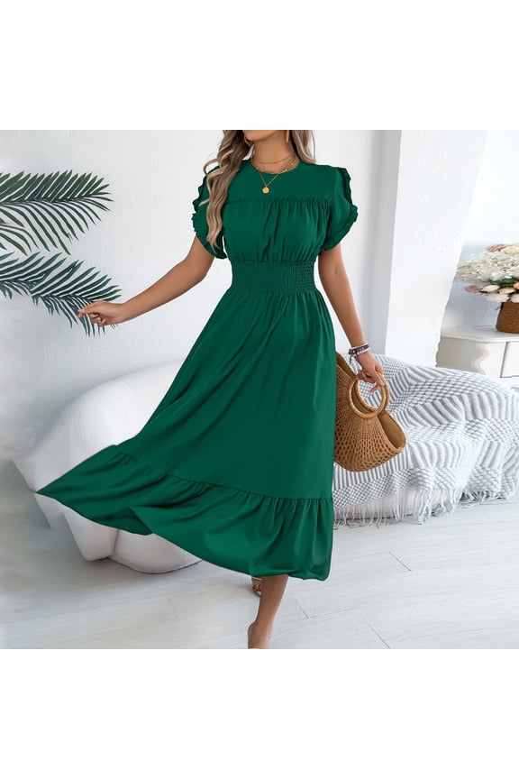 Modest Dresses for Women Short Flutter Sleeve Round Neck Midi Dress Smocked Waist Ruffle Hem A Line Dress Solid Flowy Dress Church Work Daily