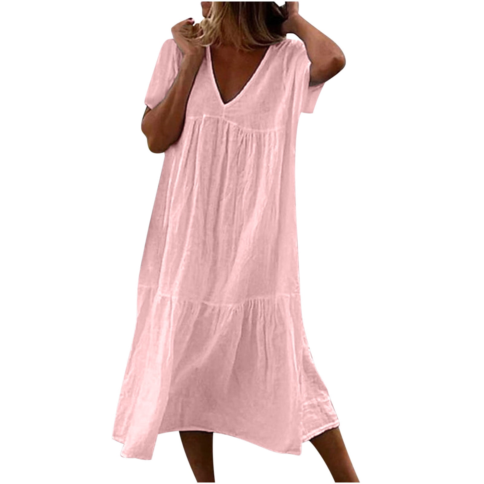 Gamivast My Orders At Walmart Women Clothes Clearance Under 5 Women Summer Dresses 2024 V Neck Linen Dress Womens Light Weight Dress Loose Fitting T Shirt Dresses Fashion Plus Size Clothes for
