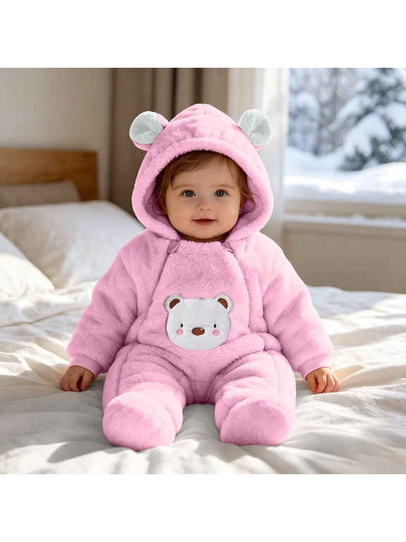 Newborn Baby Fleece Romper Fluffy Cute 3D Animal Ears Hooded Snowsuit with Bear Graphic Patch Footed Winter Warm Jumpsuit Outerwear for Infant Boys Girls 3 Months