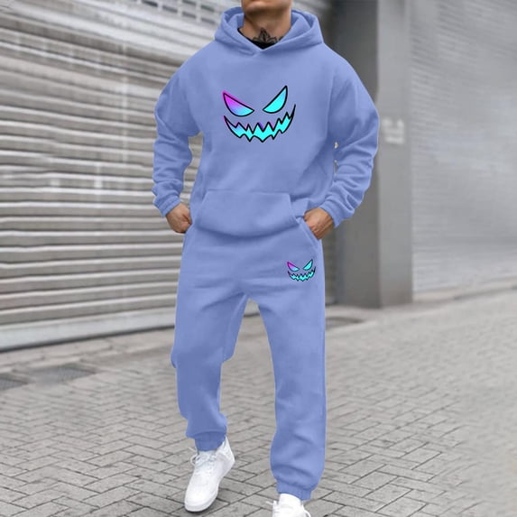 Gamivast Novelty Halloween Outfit for Men Monster Smile Print Hoodie and Pants Set Scary Graphic Tracksuit for Party Casual Daily Lounge Sporty Wear