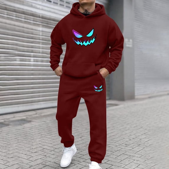 Gamivast Novelty Halloween Outfit for Men Monster Smile Print Hoodie and Pants Set Scary Graphic Tracksuit for Party Casual Daily Lounge Sporty Wear