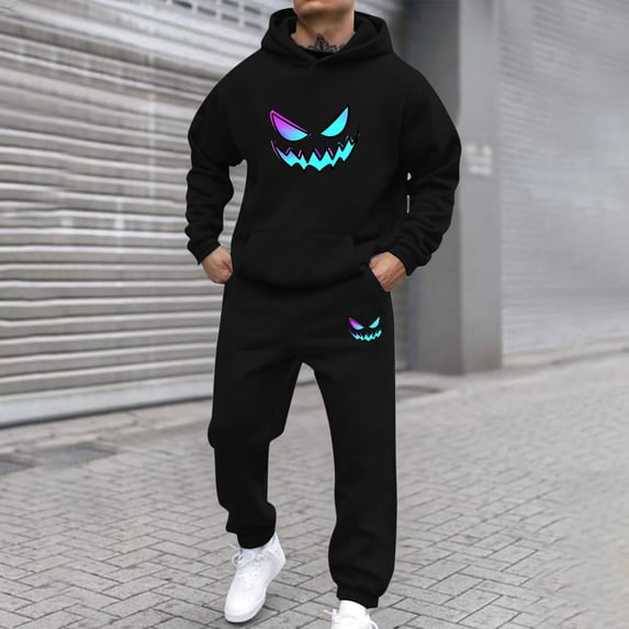 Gamivast Novelty Halloween Outfit for Men Monster Smile Print Hoodie and Pants Set Scary Graphic Tracksuit for Party Casual Daily Lounge Sporty Wear
