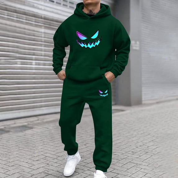 Gamivast Novelty Halloween Outfit for Men Monster Smile Print Hoodie and Pants Set Scary Graphic Tracksuit for Party Casual Daily Lounge Sporty Wear