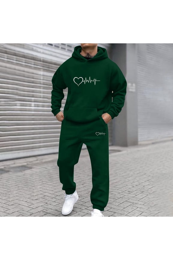 Novelty Mens Tracksuit Heartbeat Graphic Print Hoodie and Sweatpants Set Warm Fleece Lined Outfit for Casual Daily Gym Workout Sporty Wear