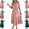 thumbnail image 1 of Gamivast Off The Shoulder Dress for Women Short Sleeve Tie Front Ruffle Dress Smocked Waist Tiered Maxi Dress Solid Boho Dress Beach Vacation Summer, 1 of 8