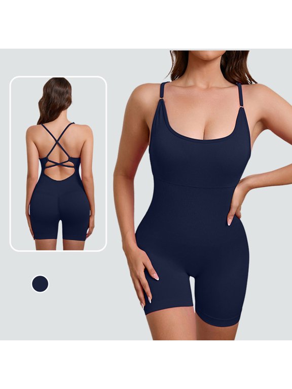 One Piece Outfits for Women Spaghetti Strap Tank Top & Shorts Jumpsuit Yoga Romper Athletic Bodysuit Soft Gym Activewear Workout Unitard