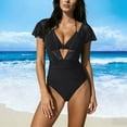 thumbnail image 1 of Gamivast One Piece Swimsuit Women Mesh Ruffle Sleeves Bathing Suit Tummy Control Ruched Swimwear V Neck Swim Suit With Pad Beach Vacation Clothes, 1 of 5