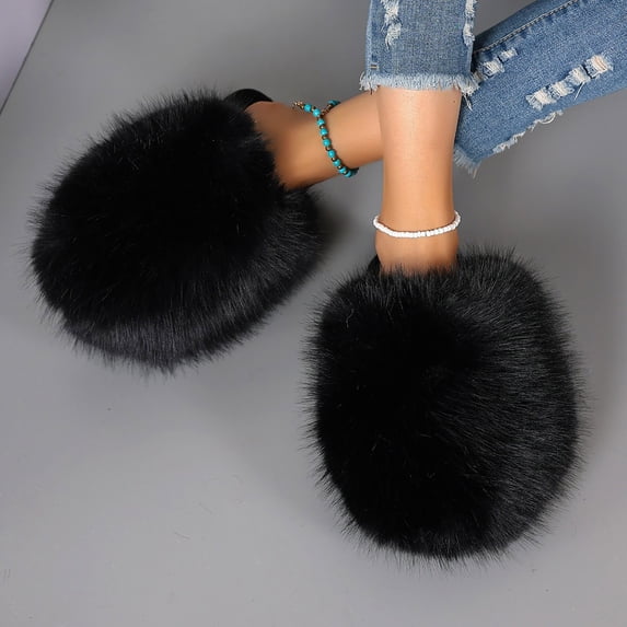 Gamivast Open Toe Slippers for Women Plush Pointed Vamp Faux Plush Fleece Open Toe Slippers Slip On Arch Support House Slippers Bedroom Spa Travel Footwear Black 38