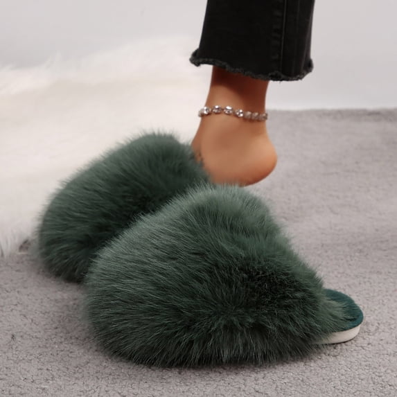 Gamivast Open Toe Slippers for Women Plush Pointed Vamp Faux Plush Fleece Open Toe Slippers Slip On Arch Support House Slippers Bedroom Spa Travel Footwear Green 42