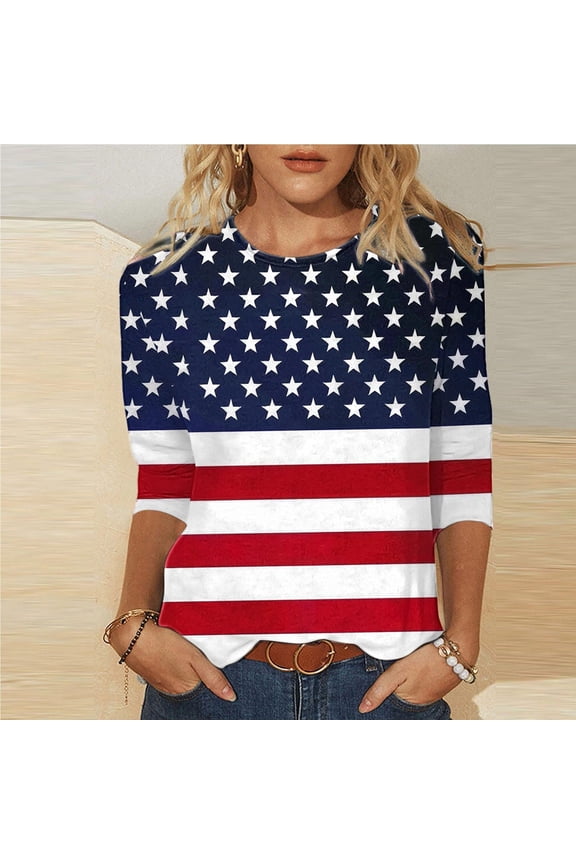 Placed 4th of July Shirt 3/4 Sleeve Shirts For Women Loose Fit Crewneck Dressy Casual Tops Lightweight Solid Color Comfy Cute T Shirts Casual Tops XXL Previous History