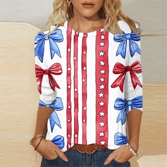 Gamivast Placed Fourth of July Shirts For Women 3/4 Sleeve Summer Tops Flag Print T Shirt 4th of July Shirts 2025 Casual Tops Red L Previous History