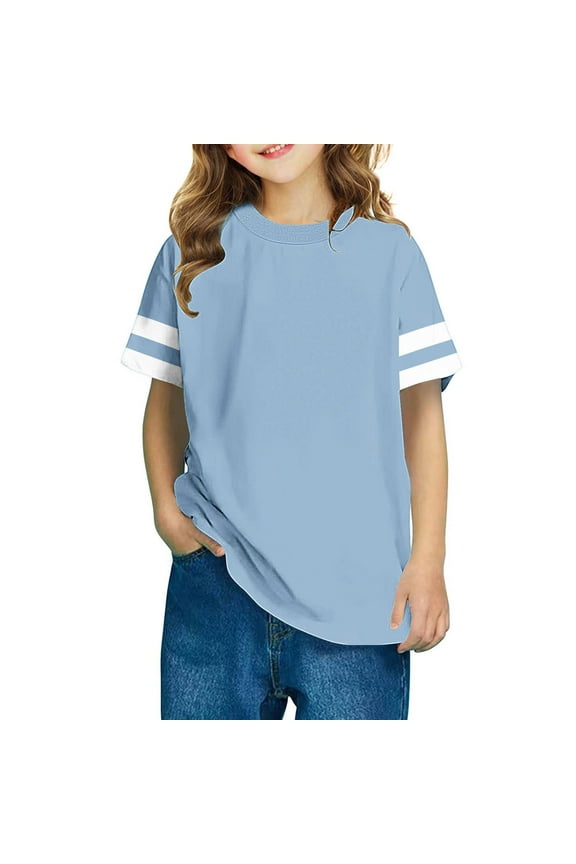 Placed Girl's Striped Short Sleeve T Shirts Crewneck Loose Fit Tunic Tops Summer Casual Blouses Blue Placed Recently by Me Delivery Status