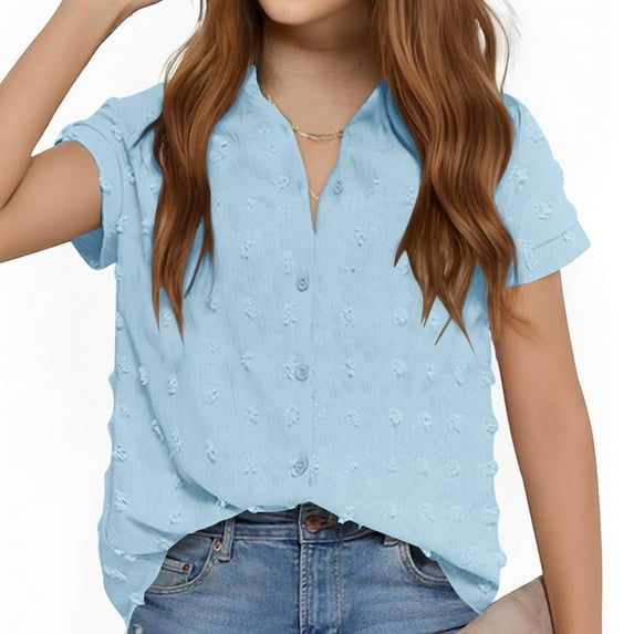 Gamivast Placed Girls Short Sleeve Button Down Shirts Casual V Neck Casual Shirts Solid Color Tops with Pockets Blue Placed by Me to be Delivered