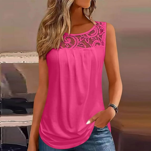 Gamivast Placed Summer Tank Tops for Women Loose Fit Pleated Tunics Crew Neck Sleeveless Lace Tops Curved Hem Flowy Shirts Pink L Plus Membership