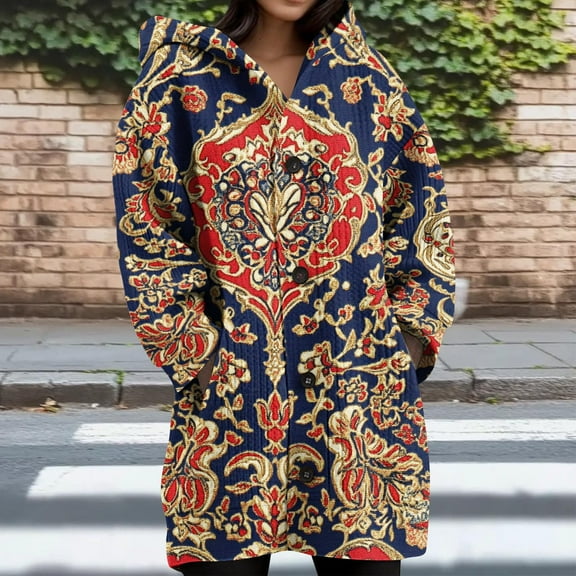 Gamivast Oversized Floral Knit Hoodie Women Oversized Button Down Hooded Open Front Sweater with Pockets Winter Thermal Long Sleeve Coats Fall Fashion Outfits