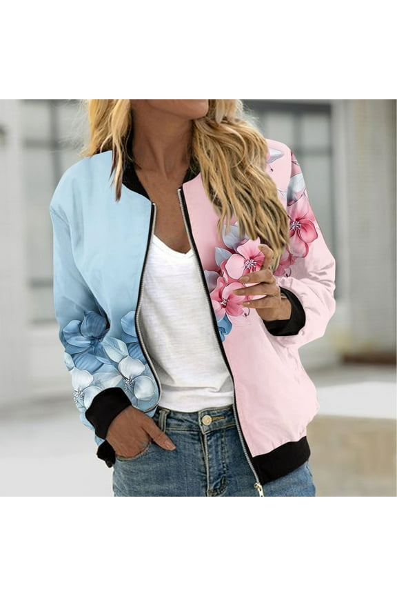 Oversized Floral Printed Zip Up Jacket For Women Casual CroppedLong Sleeve Gradient Coats With Pockets Travel Winter Trendy Crew Collar Tops