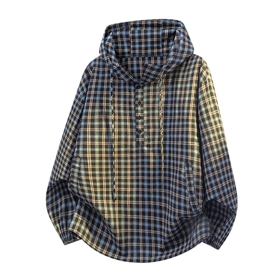 Gamivast Oversized Hoodies for Men-Plaid Long Sleeve Pullover Sweatshirts Button Drawstring Fall Jackets Blue XXL