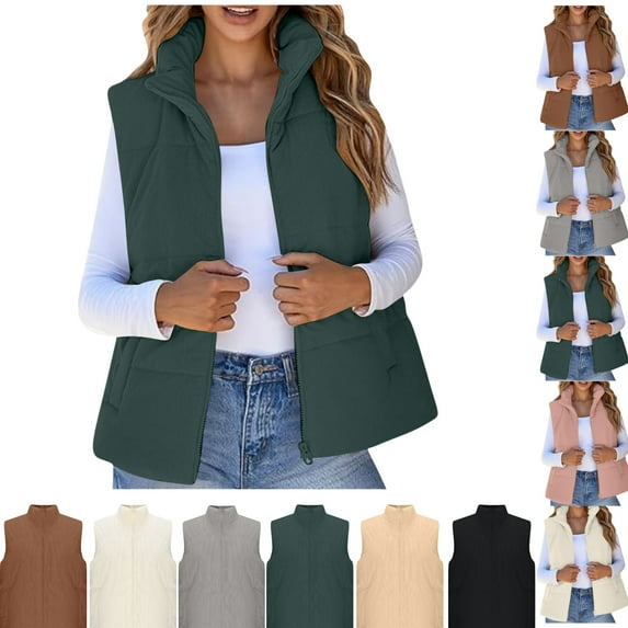 Gamivast Oversized Quilted Zip Up Vest For Women Casual Solid Color Stand Collar Puffer Jackets With Pockets Winter Warm Soft Lightweight Coat Short Parkas