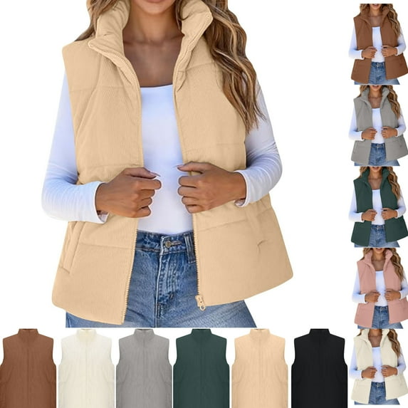 Gamivast Oversized Quilted Zip Up Vest For Women Casual Solid Color Stand Collar Puffer Jackets With Pockets Winter Warm Soft Lightweight Coat Short Parkas