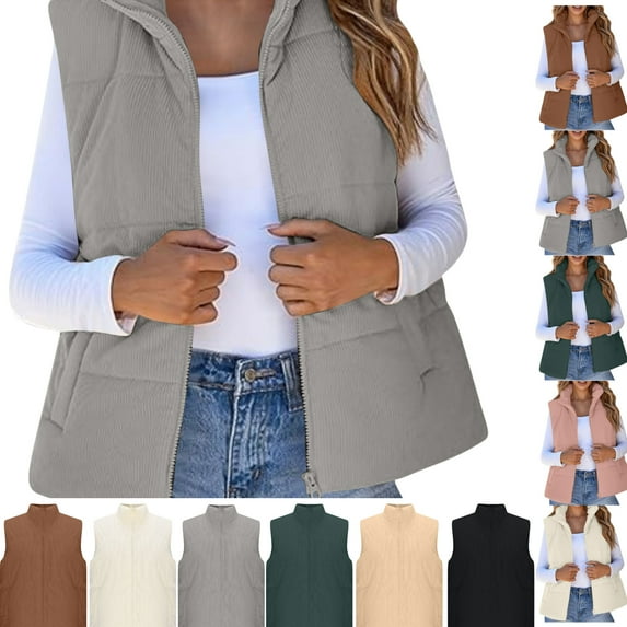 Gamivast Oversized Quilted Zip Up Vest For Women Casual Solid Color Stand Collar Puffer Jackets With Pockets Winter Warm Soft Lightweight Coat Short Parkas