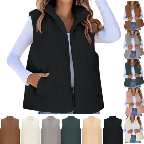 Gamivast Oversized Quilted Zip Up Vest For Women Casual Solid Color Stand Collar Puffer Jackets With Pockets Winter Warm Soft Lightweight Coat Short Parkas