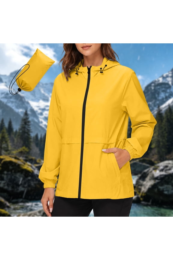 Packable Rain Jacket for Women Zip up Long Sleeve Lightweight Windbreaker Waterproof Hooded Raincoat for Hiking Outdoor Travel Activewear Yellow XL